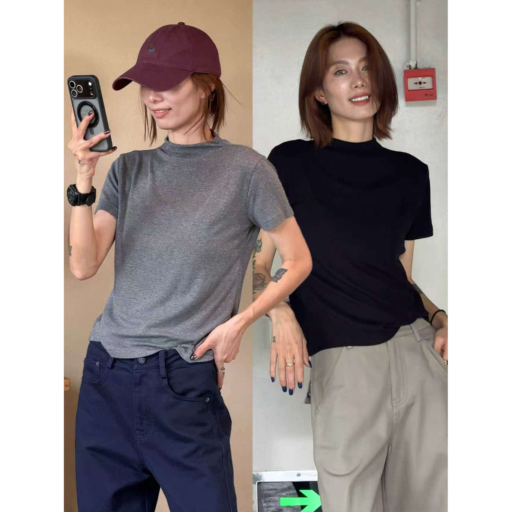 琴仔 气质半高领休闲短袖T恤女百搭显瘦洋气内搭外穿上衣Z1611
