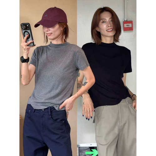 琴仔 气质半高领休闲短袖T恤女百搭显瘦洋气内搭外穿上衣Z1611