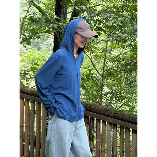 琴仔 棉麻极简风连帽半拉链长袖t恤女薄款宽松休闲通勤上衣 D5332