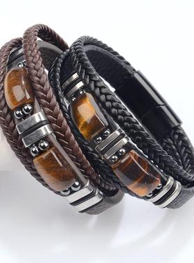 跨境爆款虎眼石皮革手镯不锈钢手链多层皮革首饰百搭男士手镯