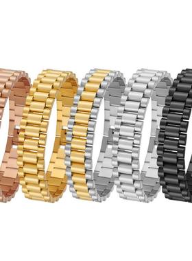 欧美饰品 15mm实心不锈钢表带金色简约男士宽手链 钛钢可调节手镯