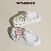 时慢新款 女夏外穿 厚底小香花朵白色包头拖鞋 泡芙洞洞鞋 eva一体式