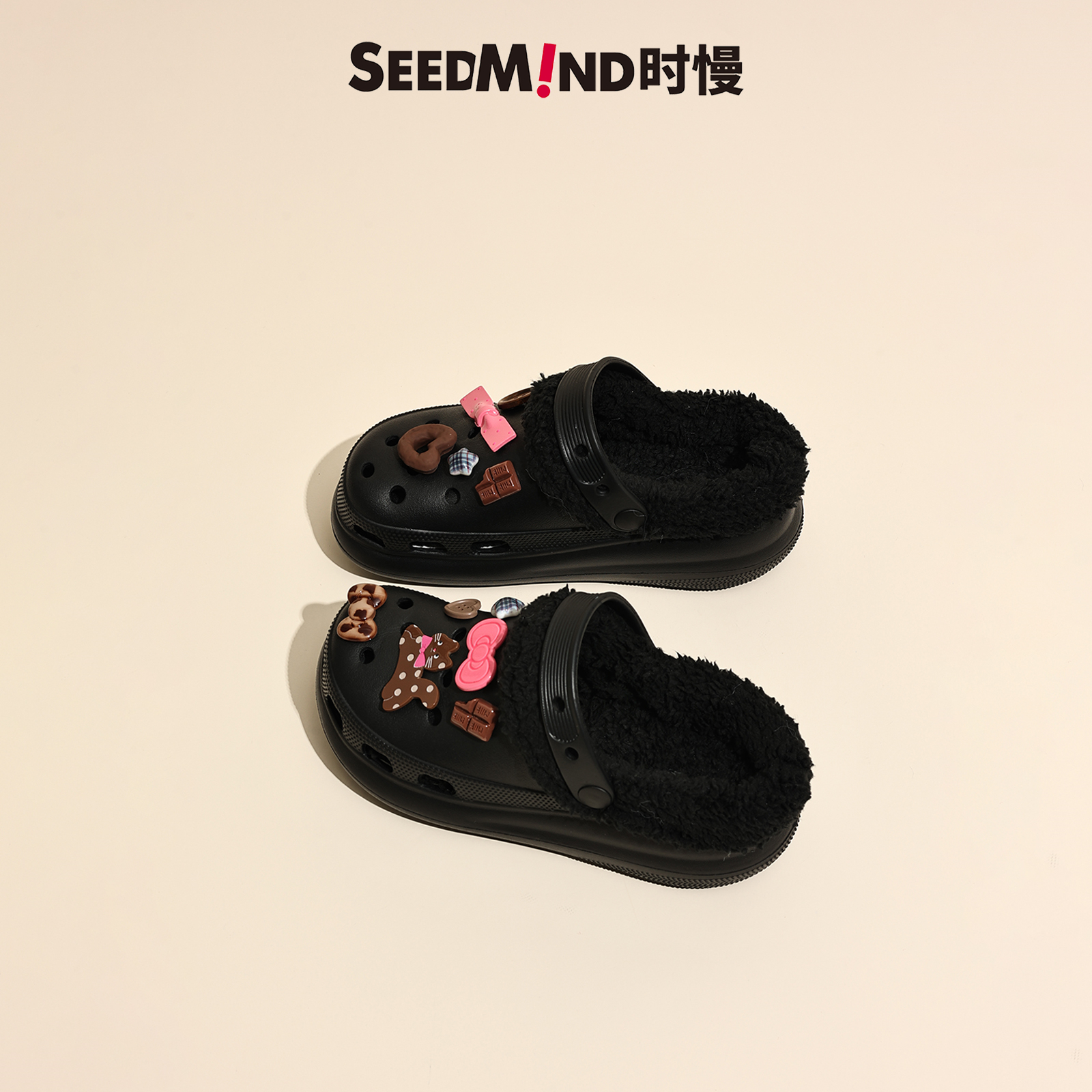 时慢加绒暖棉泡芙洞洞鞋女冬季2025新款厚底保暖可拆卸内胆棉拖鞋