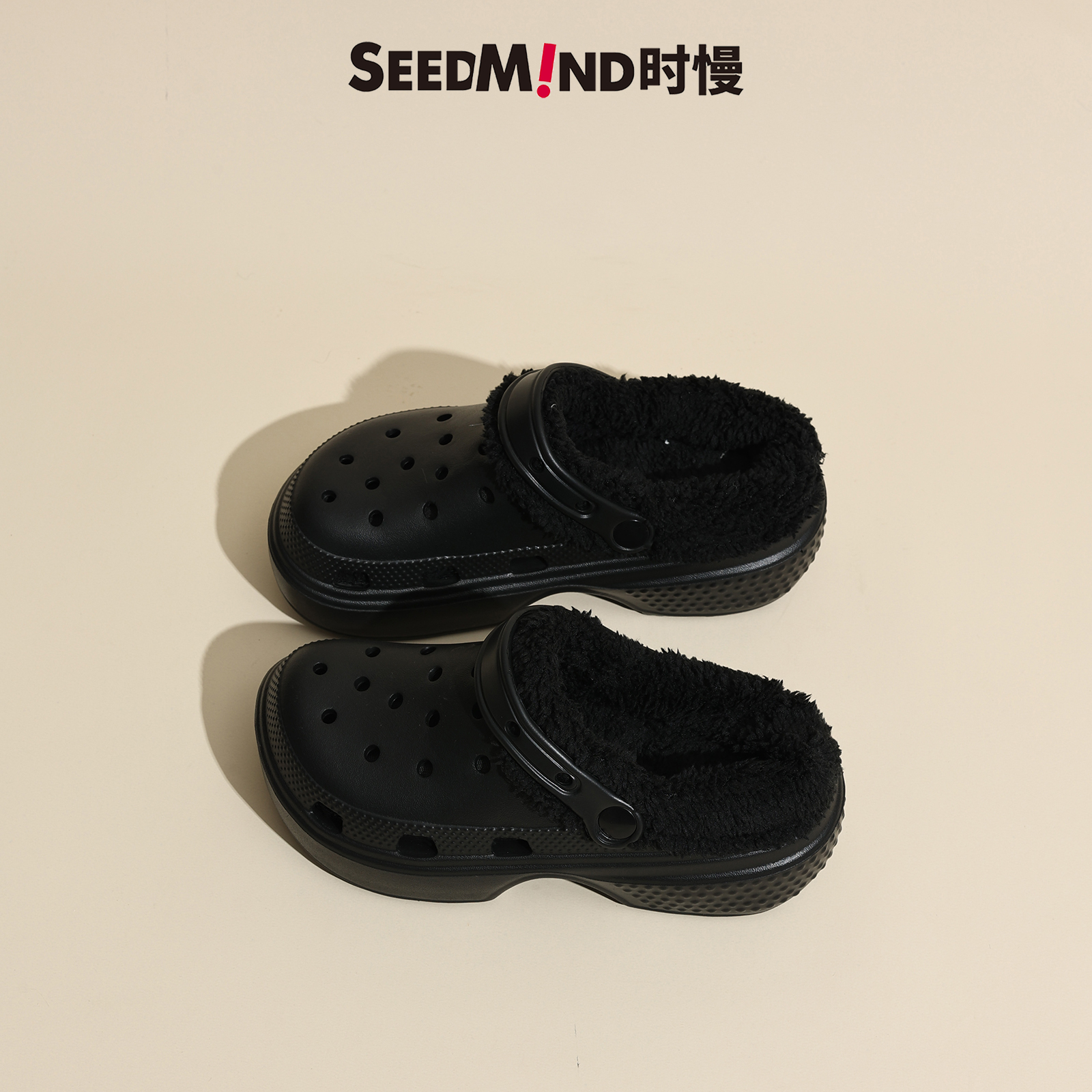 时慢外穿黑色厚底可拆卸雪屋加绒洞洞鞋2025新款冬季女士加棉拖鞋