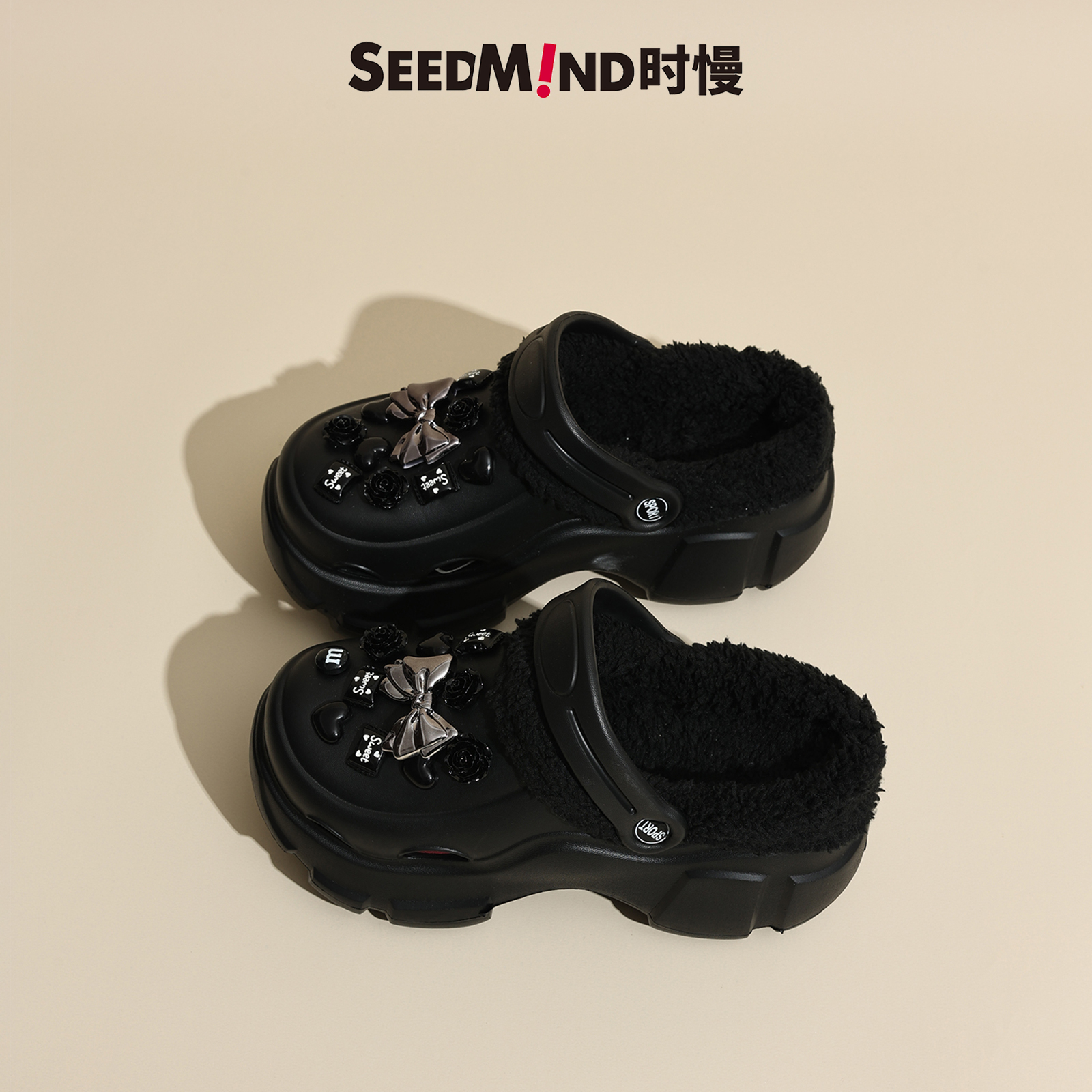 时慢冬季加绒洞洞鞋可拆卸女款外穿2025新款黑色蝴蝶结厚底棉拖鞋