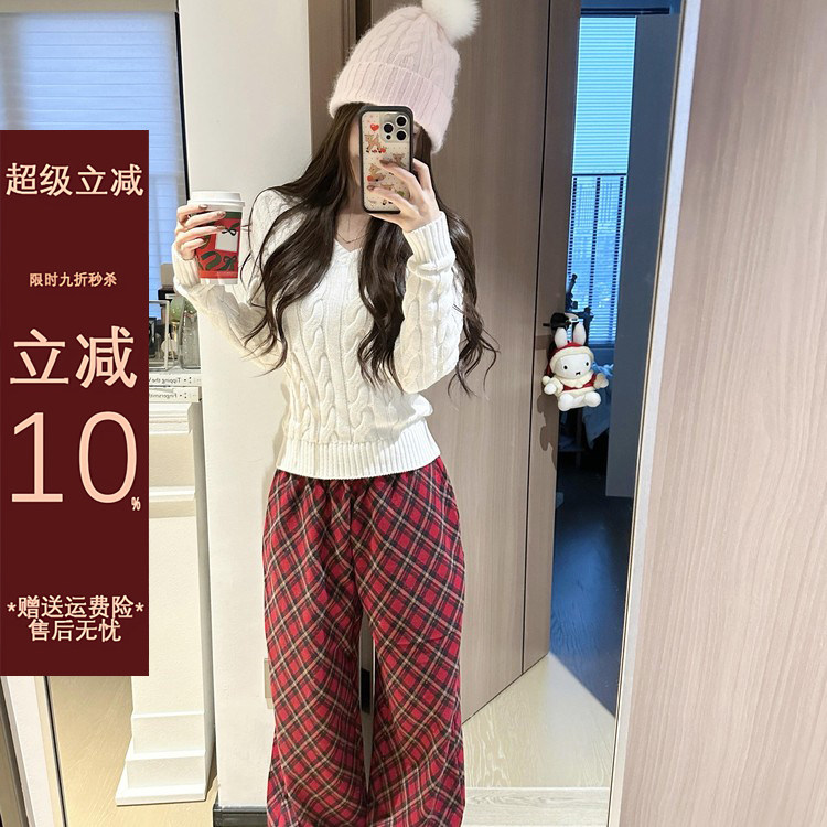 美式复古格子休闲裤女秋冬圣诞穿搭红色格纹直筒卫裤宽松阔腿长裤,女装/女士精品,卫裤,淘宝优惠券,粉丝福利购,淘宝优惠卷
