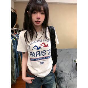 复古短袖 Daisy Bomb 美式 宽松字母印花白色正肩潮流上衣 T恤女夏季