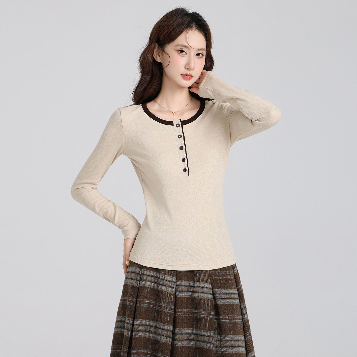 韩系U领正肩内搭打底衫女早秋修身新款显瘦设计感长袖t恤上衣