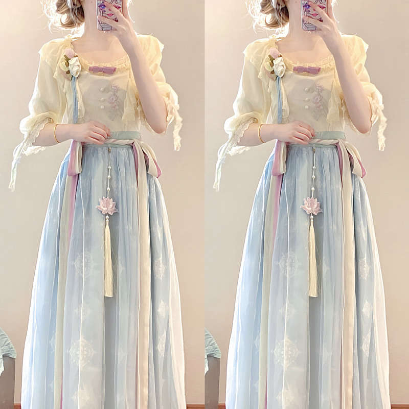 设计师的礼物原创青羽夏汉服汉元素齐腰襦裙中国风上衣连衣裙套装