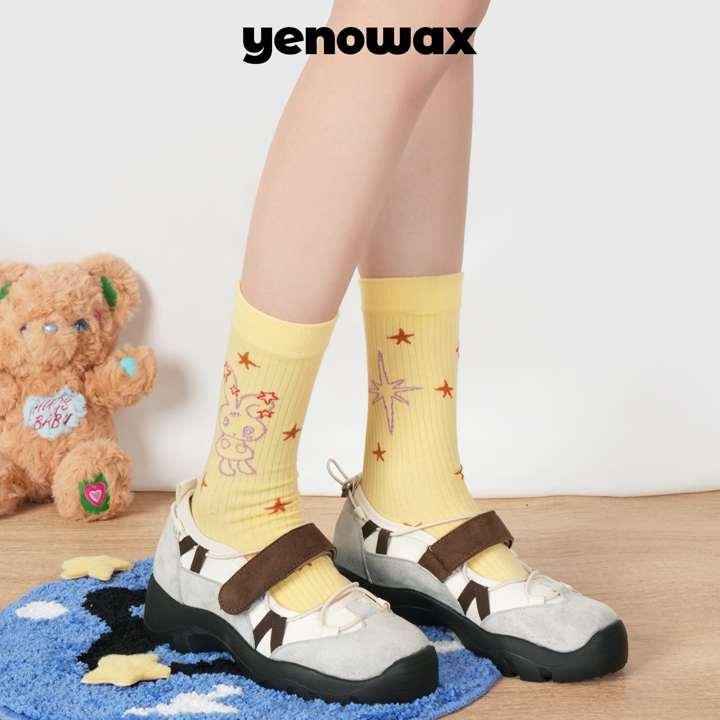 异能无限新款可爱中筒袜子女士棉多巴胺彩色卡通线条秋冬季艺术生