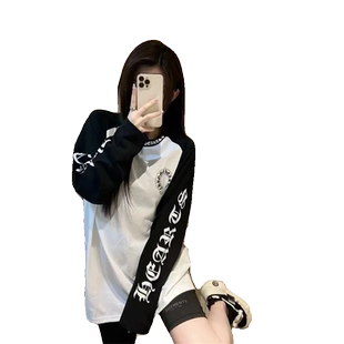 黑白撞色马蹄梵文印花插肩袖长袖T恤女春秋小众设计感宽松上衣潮
