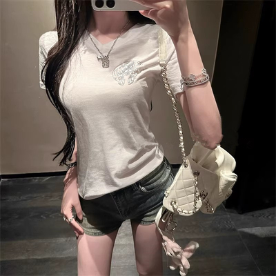 十字架梵文重工烫钻短袖T恤女夏季新款小众V领修身显瘦纯欲上衣潮