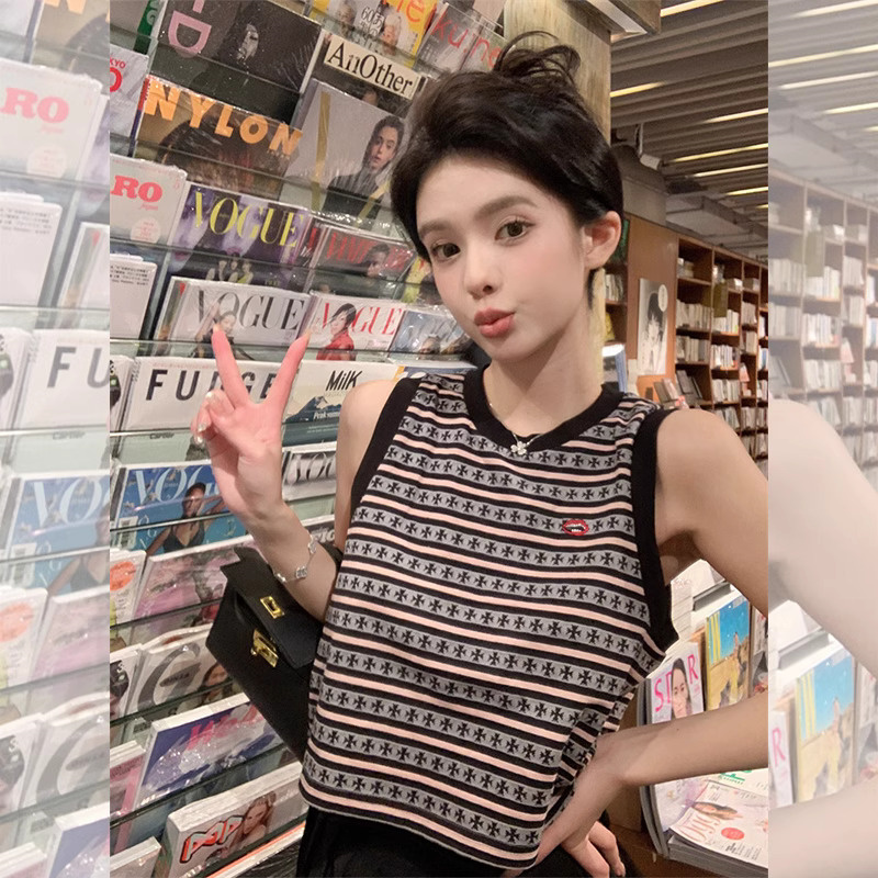马蹄梵文刺绣条纹背心女春夏潮牌