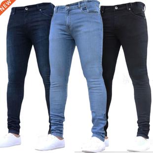 Mens Pants High Waist Zipper Stch Jeans Casual Slim Fit Trou