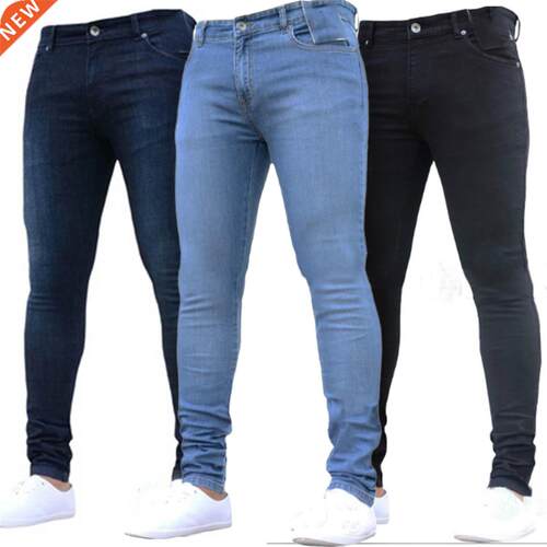 Mens Pants High Waist Zipper Stch Jeans Casual Slim Fit Trou