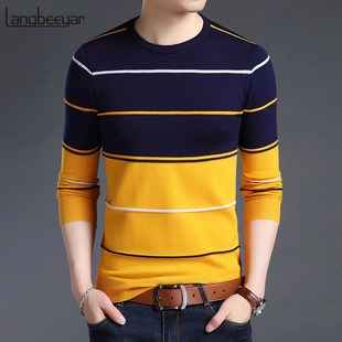 2021 New Fashion Brand Sweater Mens Pullover Striped Slim Fi
