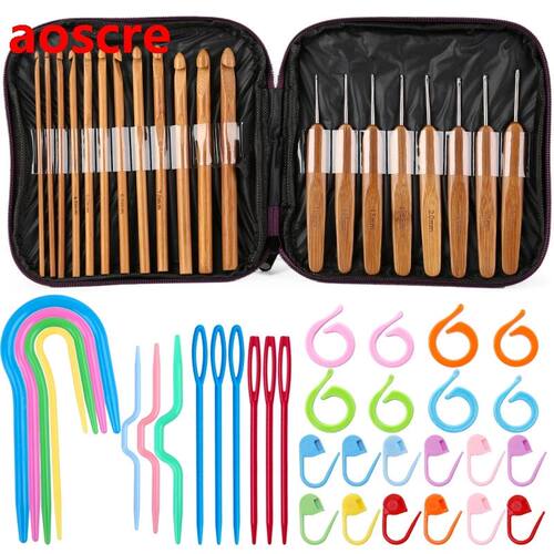 74PCS Bamboo Crochet Hooks Set Knitting Needles Plastic Lock