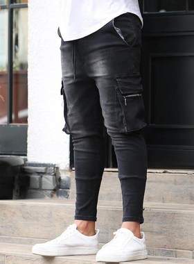 Pocket link work jeans Men Black Stretch Jeans Knee biker Je