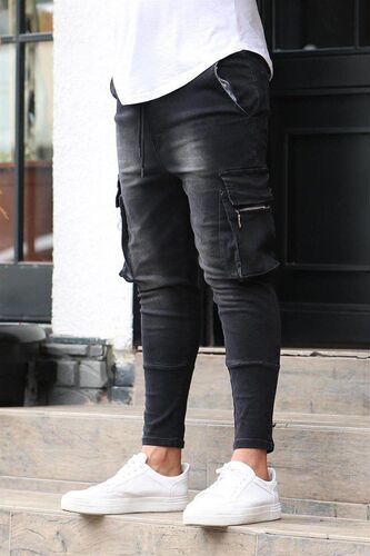 Pocket link work jeans Men Black Stretch Jeans Knee biker Je