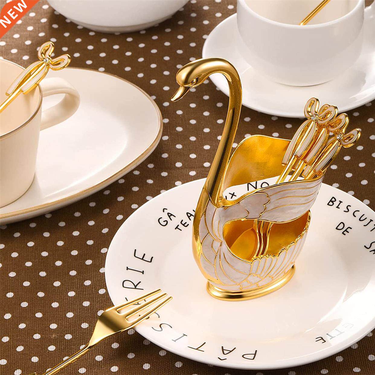 luxury metal coffee dessert spoon set swan base holder with