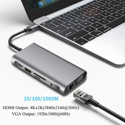 USB C Hub Adapter 10 in 1 with Ethernet HDMI VGA USB 3.0 Por