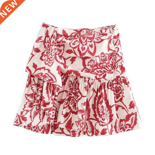 Women sweet tropical flower print pleated mini skirt faldas