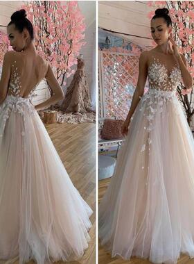 Wedding Dress Flowers For Women A-Line Deep V-Neck Appliques