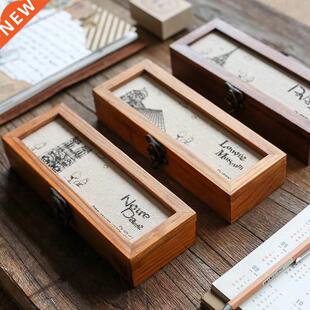 Retro Vintage Wood pencil box Eiffel Tower Pen Stationery St