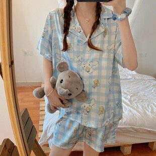 Womens Cute Cartoon Pajamas Set Turn-down Collar Pyjamas Sho