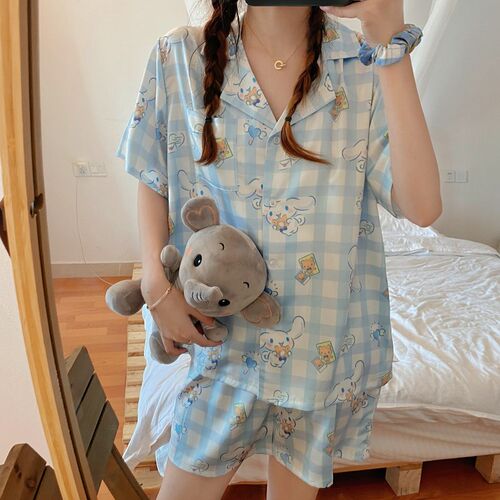 Womens Cute Cartoon Pajamas Set Turn-down Collar Pyjamas Sho