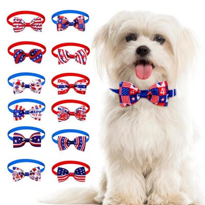July 4 USA Flag Pet Dog Collar Dog Bow Tie  Necklace Adju
