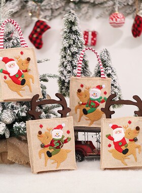 Cute Merry Christmas Gift Bag Linen Embroidered Old Man Snow
