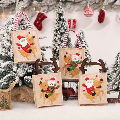 Cute Merry Christmas Gift Bag Linen Embroidered Old Man Snow