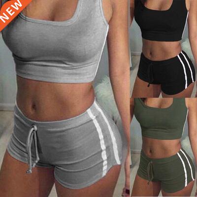 2Pcs Women Fitness Stch Racerback Tank Top + Short Pants Sui