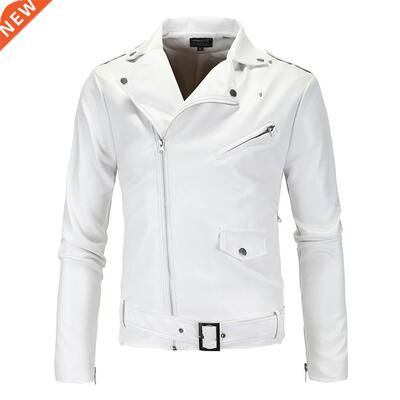 Men Slim White Leather Jackets Oblique Zipper Motorcycle Jac