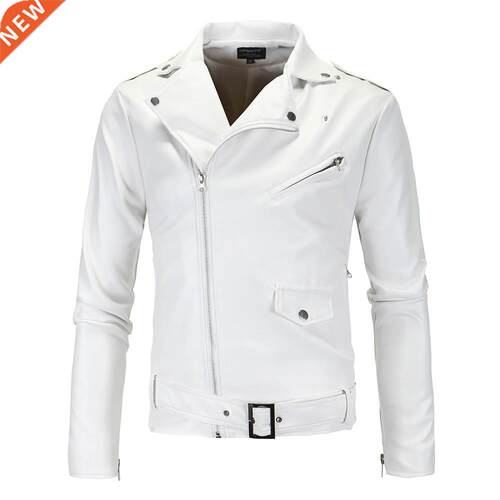 Men Slim White Leather Jackets Oblique Zipper Motorcycle Jac