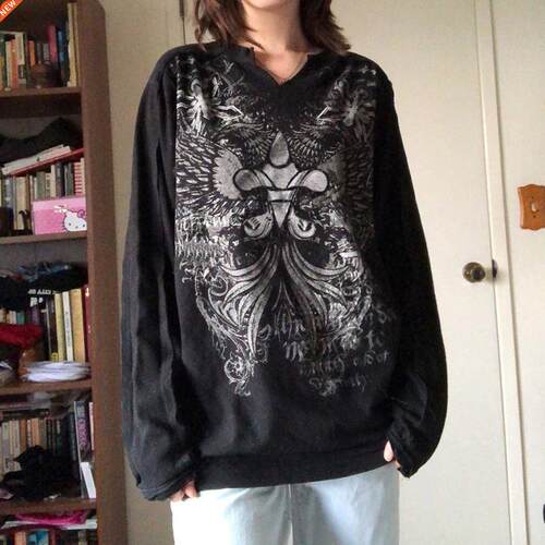 WeiYao Gothic Graphic Print Y2K Loose Tshirts Casual Retro F