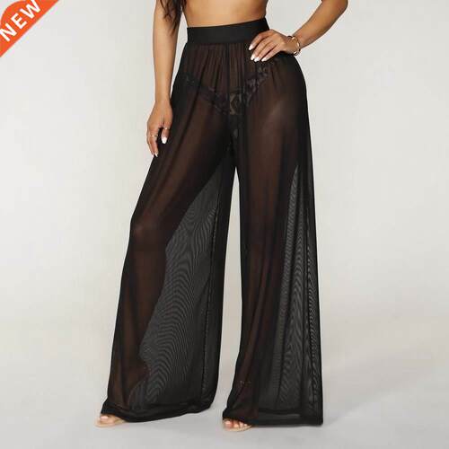 Women See Through Boho Wide Leg High Waist Trousers Beach Lo