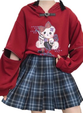 2021 Autumn Sleeves Detachable Bear Print Pullover Hooded Sw