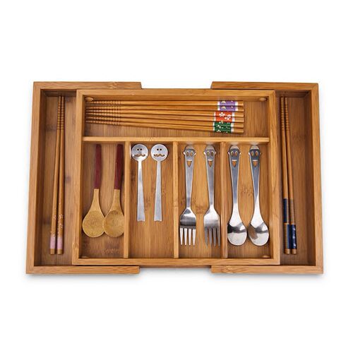 Bamboo Drawer Organiser Adjustable Storage Tray Cutlery Stor