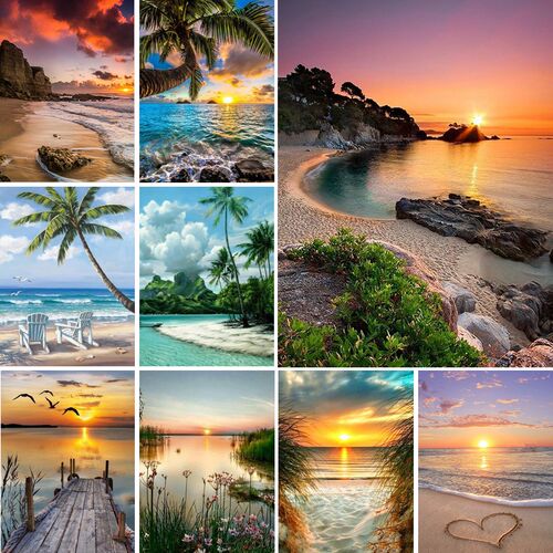5D DIY Diamond Painting Landscape Sunset Beach Cross Stitch