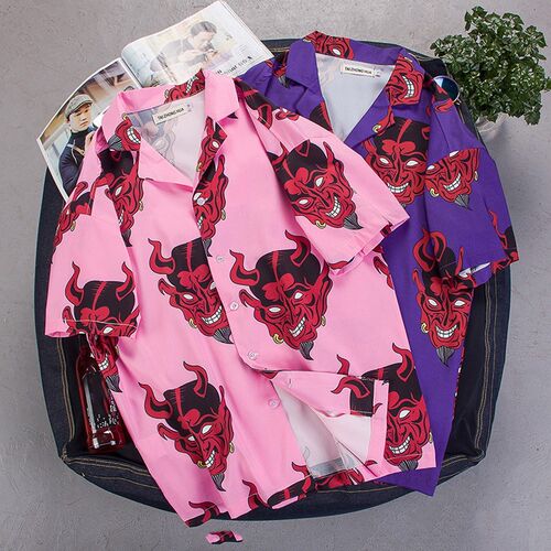 Mens Summer Devil Print Fashion Shirts Casual Short Sleeve B