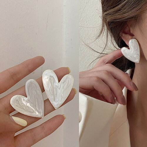 White Color Big Heart Stud Earrings for Women Girl Korean Lo