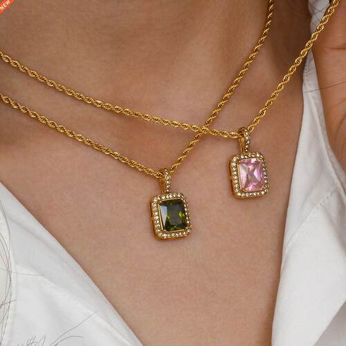 2021 ndy Rope Chain Square Heart Shape CZ Stone Pendant Neck