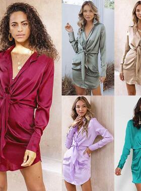 Fashion collar shirt skirt long silk dress is 2021