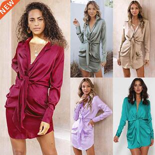 Fashion collar shirt skirt long silk dress is 2021