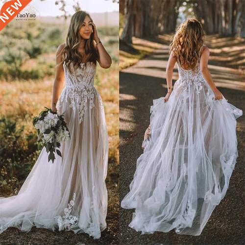 Boho Open Back Wedding Dress with Square Neckline Sleeveless