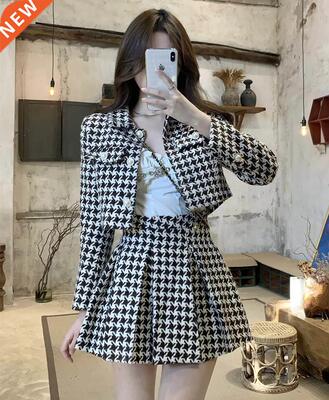 Temperament Matching Sets Retro O Tweed Plaid Jacket Short L