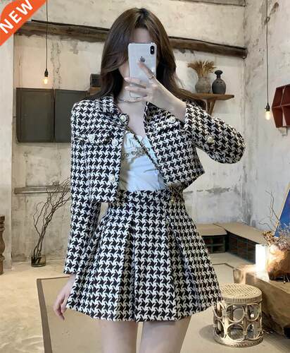 Temperament Matching Sets Retro O Tweed Plaid Jacket Short L