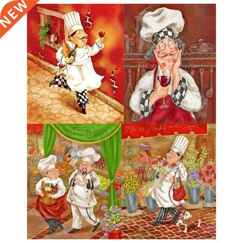 4 PCS Cute Chef Old Man  Diamond Painting Cartoon Chef De